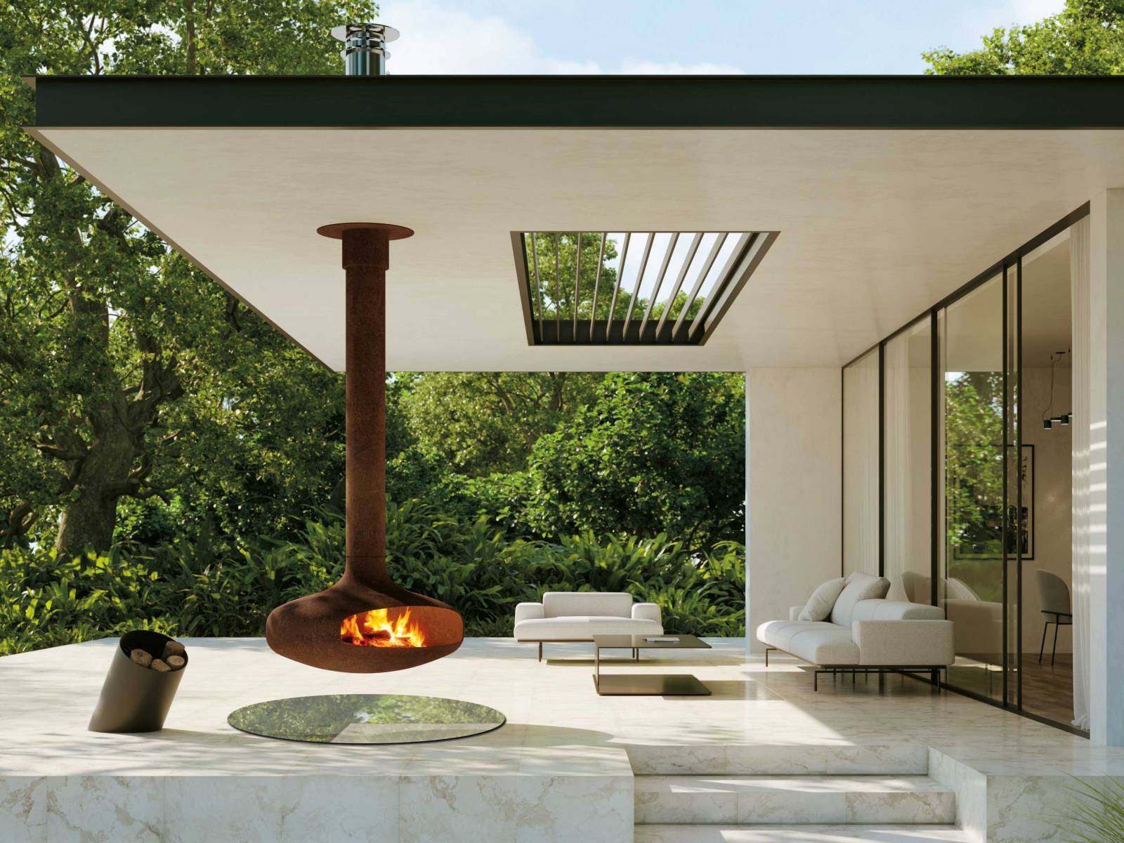 Für Abende im Freien – nicht nur in der warmen Jahreszeit – bietet sich der «Domofocus Outdoor» von Focus an. Der frei­hängende Kamin lässt sich drehen, so dass der Feuerraum von jeder beliebigen Position aus einsehbar ist. WIRTH & SCHMID.