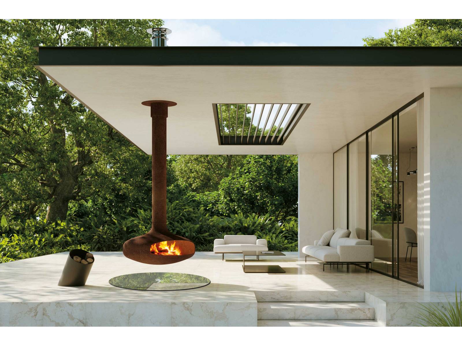 Für Abende im Freien – nicht nur in der warmen Jahreszeit – bietet sich der «Domofocus Outdoor» von Focus an. Der frei­hängende Kamin lässt sich drehen, so dass der Feuerraum von jeder beliebigen Position aus einsehbar ist. WIRTH &amp; SCHMID.