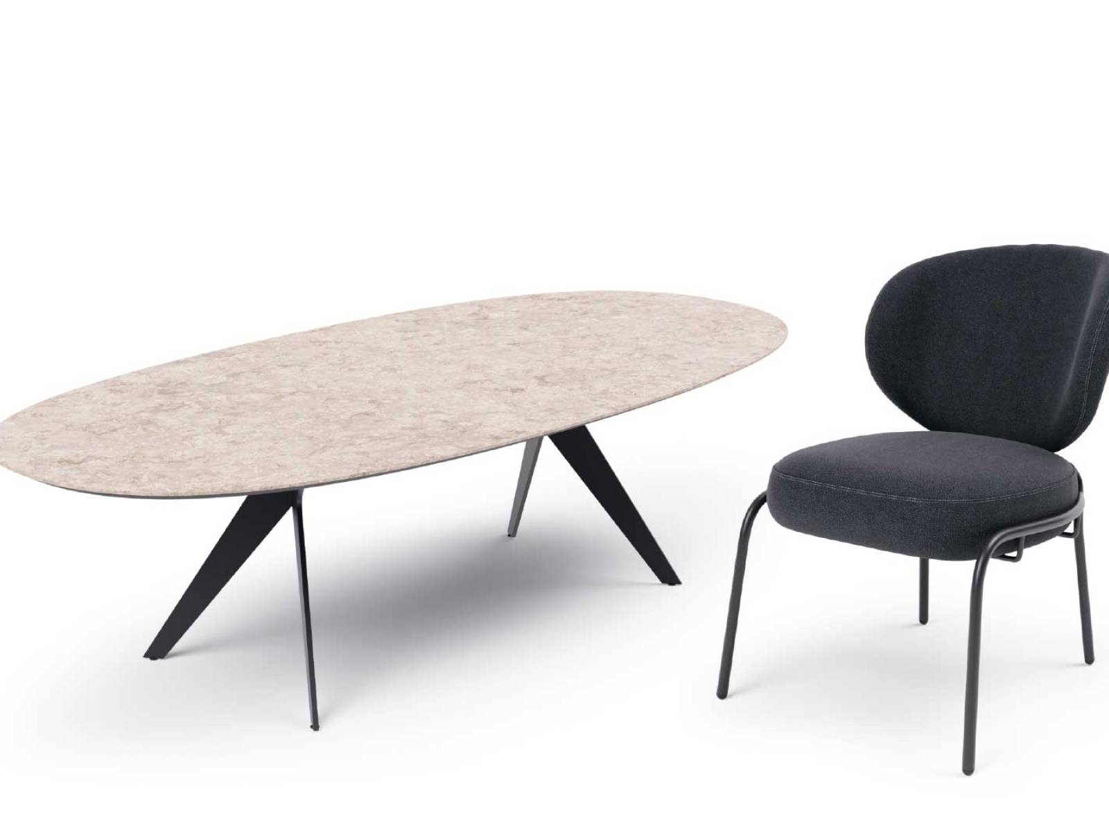 Low-Dining feiert entspannten Outdoor-Luxus auf lässigem Lounge-Niveau: Zum Low-Dining-Tisch «Lana» mit ikonischer Beinlösung und sanft abgerundeter Platte gesellt sich der Stuhl «Luna» mit geschwungener Lehne und schlankem Gestell, das ein komfortables Sitzpolster trägt. WILLISAU.