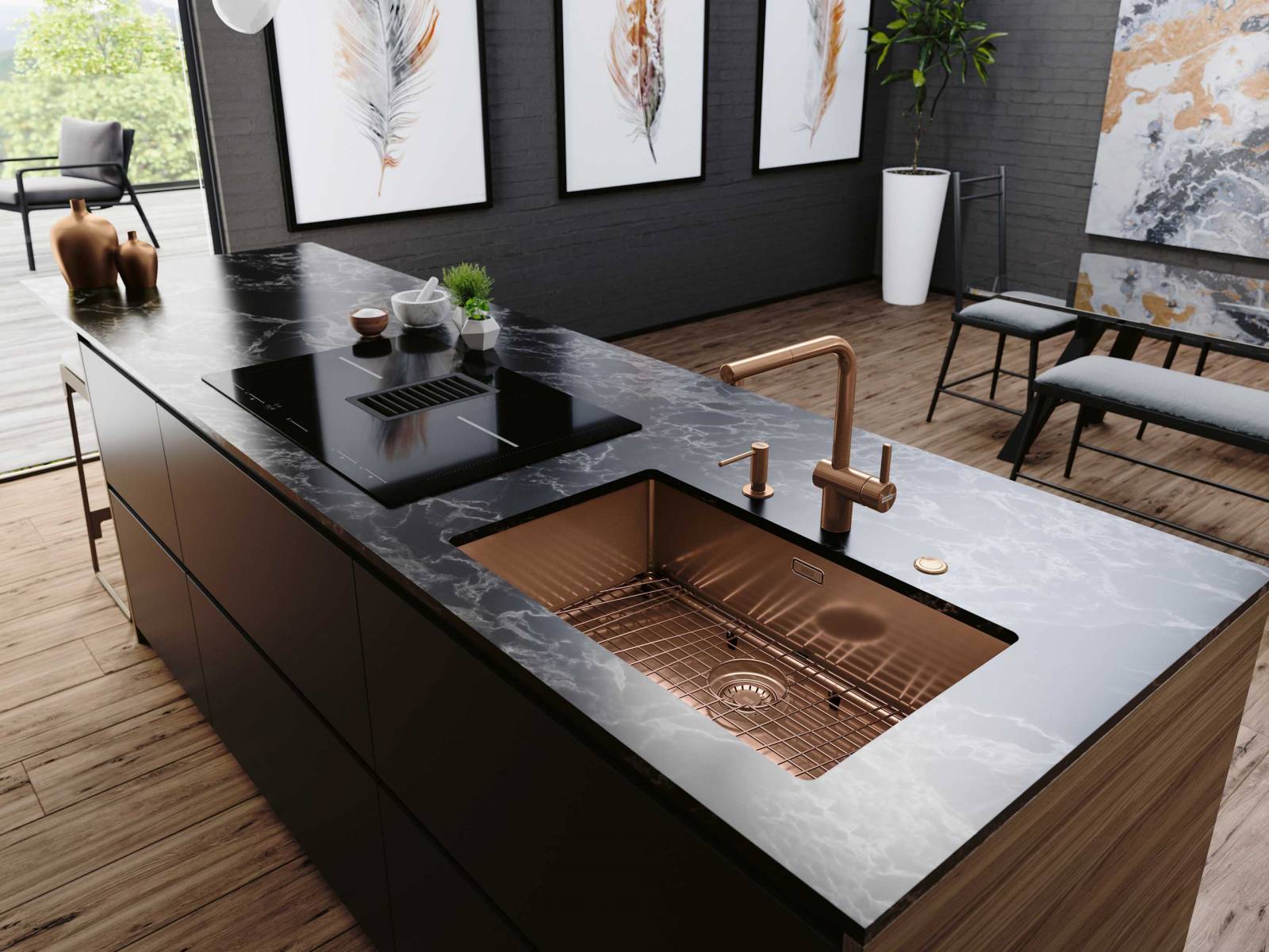 Die Becken der Kollektion «Mythos Masterpiece» sowie alle Einzelkomponenten wie Armatur, Spülmittelspender, Ab- und Überlaufgarnitur und Druckknopf sind in markantem Anthrazit, warmem Kupfer oder glänzender Goldoptik erhältlich. Eine spezielle Nanobeschichtung sorgt für eine kratzfeste und pflegeleichte Oberfläche. FRANKE.