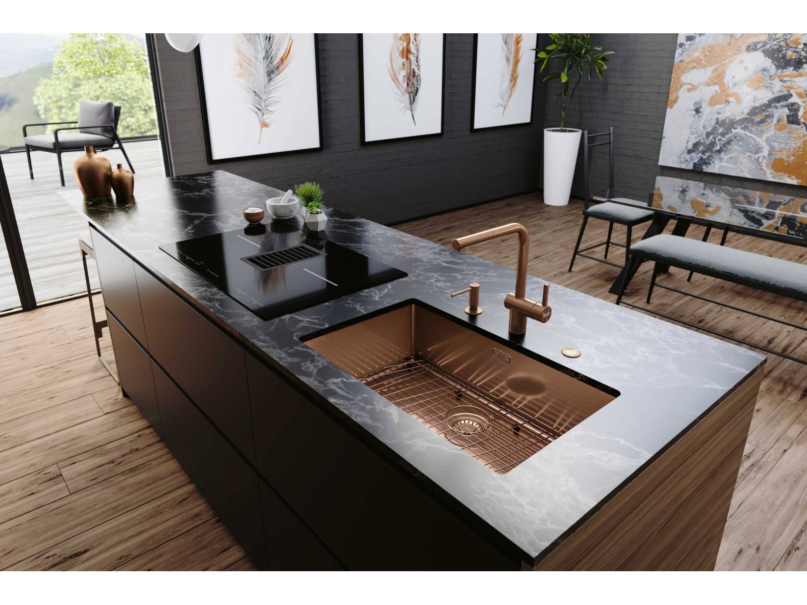 Die Becken der Kollektion «Mythos Masterpiece» sowie alle Einzelkomponenten wie Armatur, Spülmittelspender, Ab- und Überlaufgarnitur und Druckknopf sind in markantem Anthrazit, warmem Kupfer oder glänzender Goldoptik erhältlich. Eine spezielle Nanobeschichtung sorgt für eine kratzfeste und pflegeleichte Oberfläche. FRANKE.