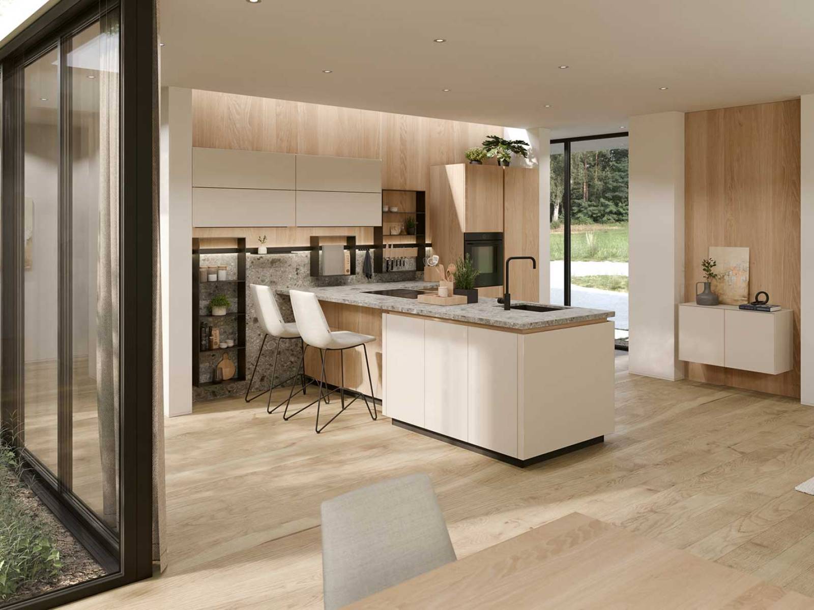 «Pur» setzt auf Schlichtheit. Die durchdachten ­Griffmulden der Küche prägen die klaren Linien von Hoch- und Unterschränken und lassen bei Kochinseln die Arbeits­platte leicht schweben. Massivholzfronten betonen die natürliche Wärme. Modulare Nischen aus Aluminium schaffen offene Funktionalität. Erhältlich in verschiedenen Holzarten wie Eiche, Buche, Erle oder Nussbaum, entsteht so ein puristisches Design, das Raum und Material atmen lässt. TEAM7.