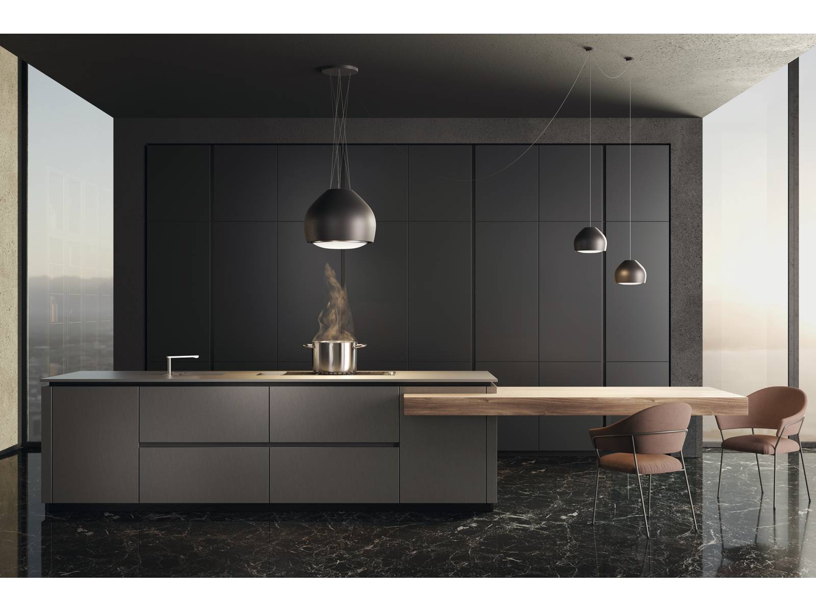 Die Abzugshaube «Sophie» ist eines der beliebtesten Modelle des Unternehmens und gefällt durch die Kombination von Funktionalität, Design und Licht. Nun gibt es «Sophie» neu auch als dekorative Hängeleuchte, die wie die Haube aus lackiertem Stahl und gehärtetem Glas besteht. Zusätzlich zu den klassischen Schwarz- und Weisstönen ist sie in den Ausführungen Zinn, Anthrazit, Antikkupfer und Antikmessing erhältlich. Falmec.