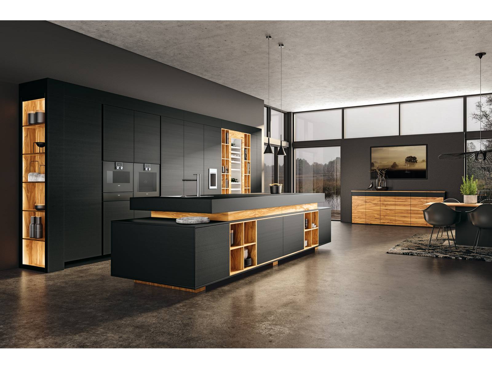 Unempfindlich gegen Fingerabdrücke und widerstandsfähiger als herkömmliche Materialien ist die neue, innovative Oberfläche «Opaco Elephant Skin», die nicht nur robust, sondern gleichzeitig auch elegant daherkommt. In diesem Beispiel wird die Küche mit edlem Olivenholzfurnier kombiniert, die Arbeitsplatte ist mit einer Noppenleder-Struktur überzogen. Allmilmö.