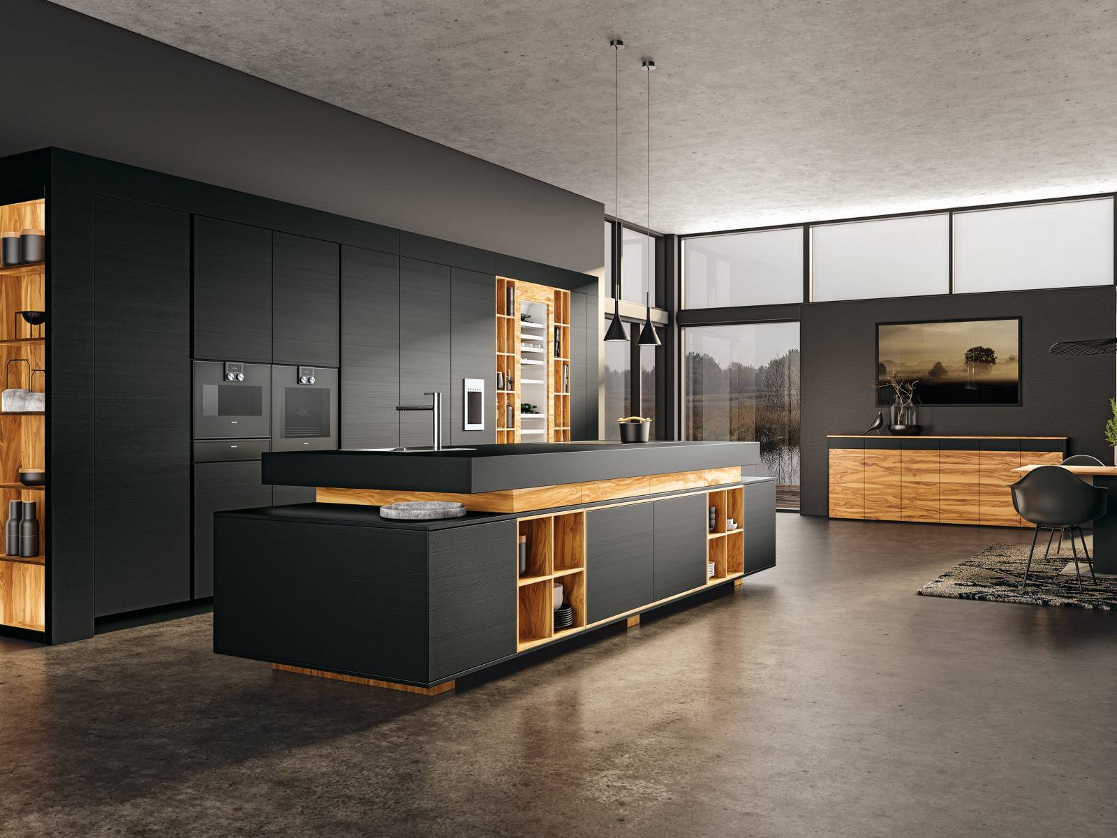 Unempfindlich gegen Fingerabdrücke und widerstandsfähiger als herkömmliche Materialien ist die neue, innovative Oberfläche «Opaco Elephant Skin», die nicht nur robust, sondern gleichzeitig auch elegant daherkommt. In diesem Beispiel wird die Küche mit edlem Olivenholzfurnier kombiniert, die Arbeitsplatte ist mit einer Noppenleder-Struktur überzogen. Allmilmö.