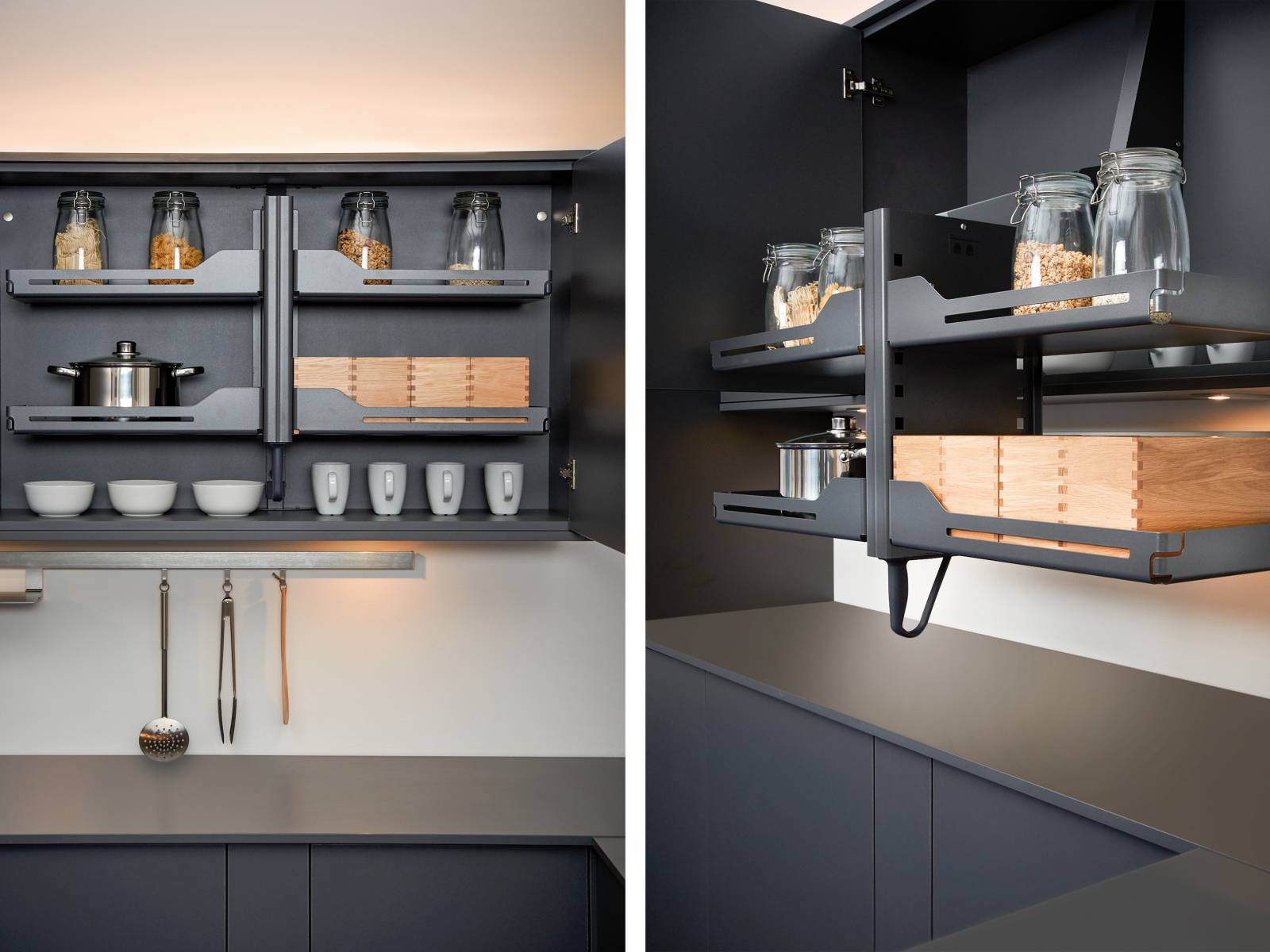 Endlich ein Hängeschrank, den man bequem vom Boden aus bedienen kann: Ein Griff nach Tablarlift «Pegasus» genügt und der gesamte Schrankinhalt sinkt auf Augenhöhe herunter. Bremse und Hochschwenkunterstützung sorgen für sanfte Bewegungen ohne Kraftaufwand. Die Tablare können auf individueller Höhe ein- und zum Reinigen ausgehängt werden. «Pegasus» gibt es in Weiss, für dunkle Küchen steht ein Modell in Anthrazit zur Verfügung. Peka.