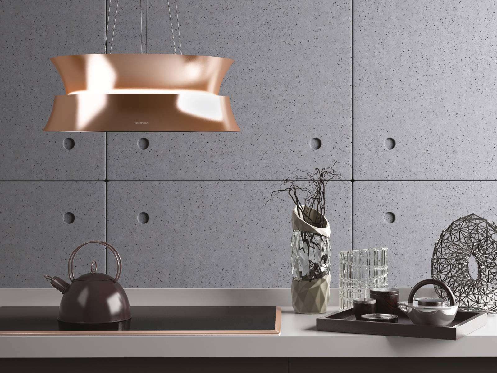 Das patentierte E-ion-System der Umlufthauben-Serie «Circle.Tech» nutzt die Zentrifugalkraft, leitet Gerüche und Feuchtigkeit durch einen Aktivkohle-Filter und befreit den Raum so nicht nur von Kondenswasser, sondern auch von unangenehmen Kochdüften. Modell «Dama» gibt es in Weiss und neu im Trend-Ton Bronze. Falmec.