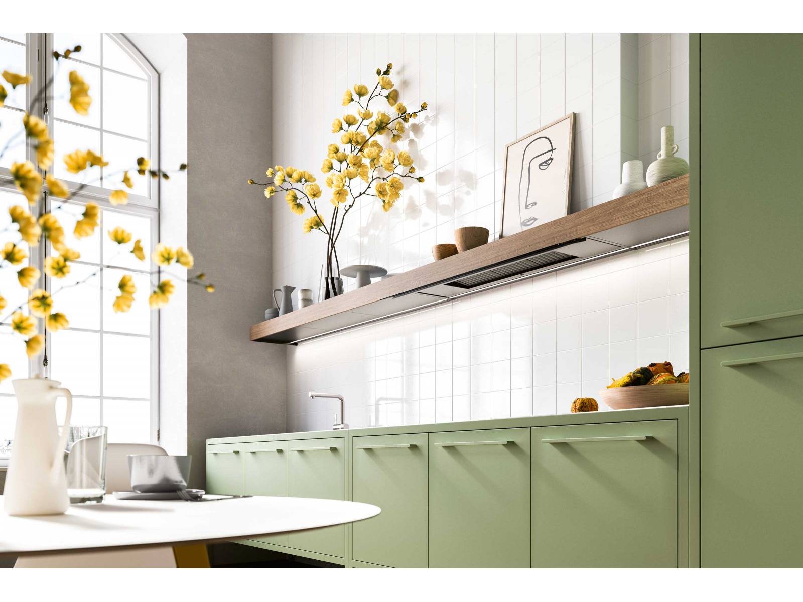 Ein Dunstabzug ist zwar notwendig und praktisch, aber in der Küche möchte man ihn gerne «unsichtbar» haben. In der Kollektion «Elements» ist das Modell «Shelf» geschickt eingebaut: Dank einer exklusiven Multi-Air-Technologie wird der Abzug als ultradünnes Element in einem nur 10 Zentimeter dicken Regalboden integriert. FORS.