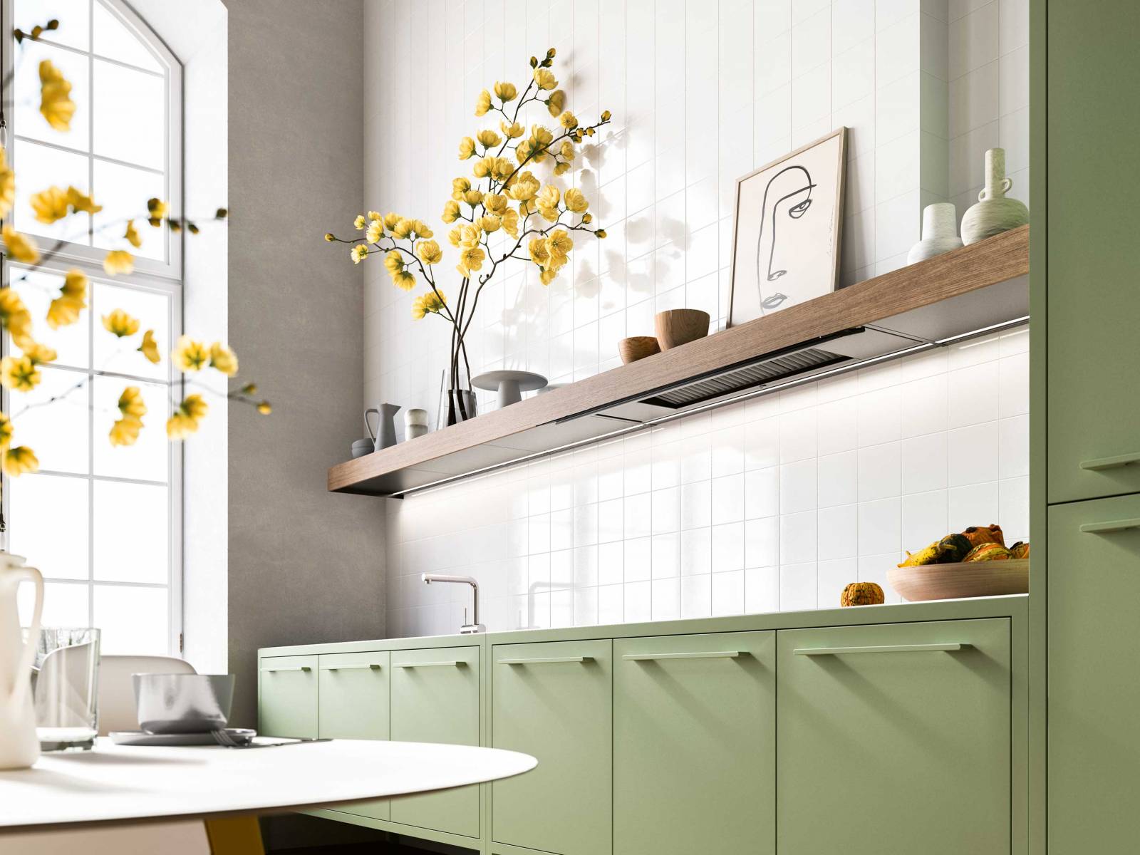 Ein Dunstabzug ist zwar notwendig und praktisch, aber in der Küche möchte man ihn gerne «unsichtbar» haben. In der Kollektion «Elements» ist das Modell «Shelf» geschickt eingebaut: Dank einer exklusiven Multi-Air-Technologie wird der Abzug als ultradünnes Element in einem nur 10 Zentimeter dicken Regalboden integriert. FORS.