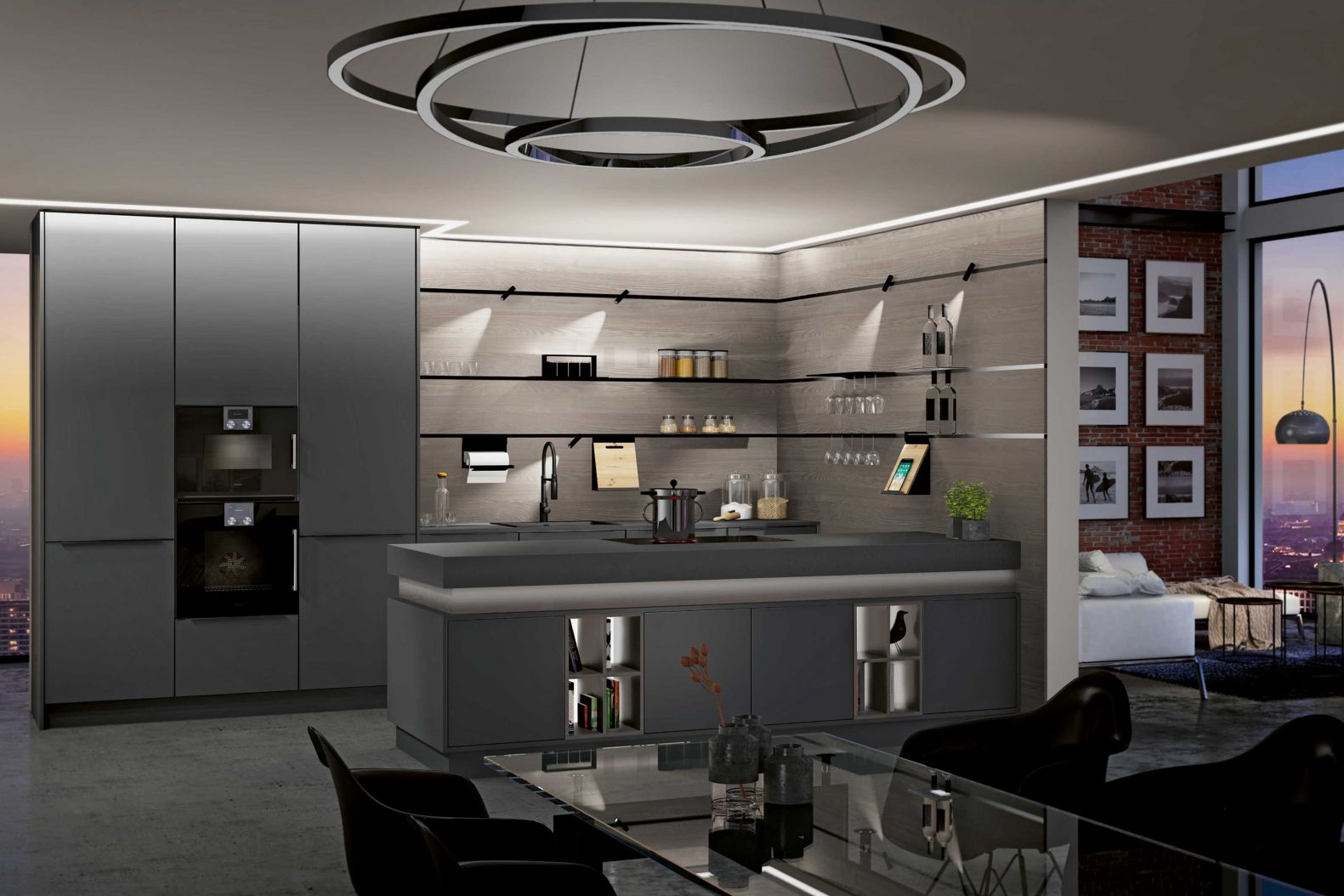 «Elephant Skin» heisst die neue Oberfläche, die unempfindlich gegen Fingerabdrücke ist und eine aussergewöhnlich sanfte Anmutung besitzt. Die Ausführung im Bild besticht durch ihr edles Design mit Applikationen in Ash Grey Dekor und Arbeitsflächen in Noppenleder-Struktur sowie viele smarte Funktionen. Allmilmö.