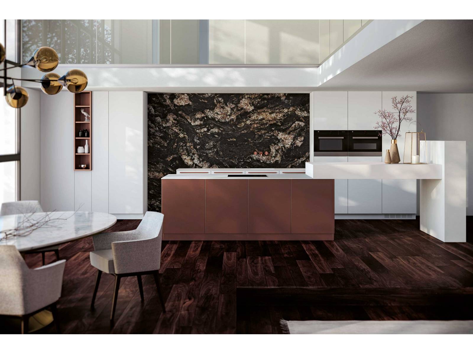 Die Stahlküchen des Unternehmens werden zu 100% in der Schweiz produziert und überzeugen mit ihrem zeitlosen Design und dem unverwüstlichen Material ein Leben lang. Diese Küche hier spielt mit Kontrasten: Weisse Küchenelemente und die kupferne Kochinsel prägen die Gestaltung und schaffen eine moderne und wohnliche Atmosphäre. FORSTER.