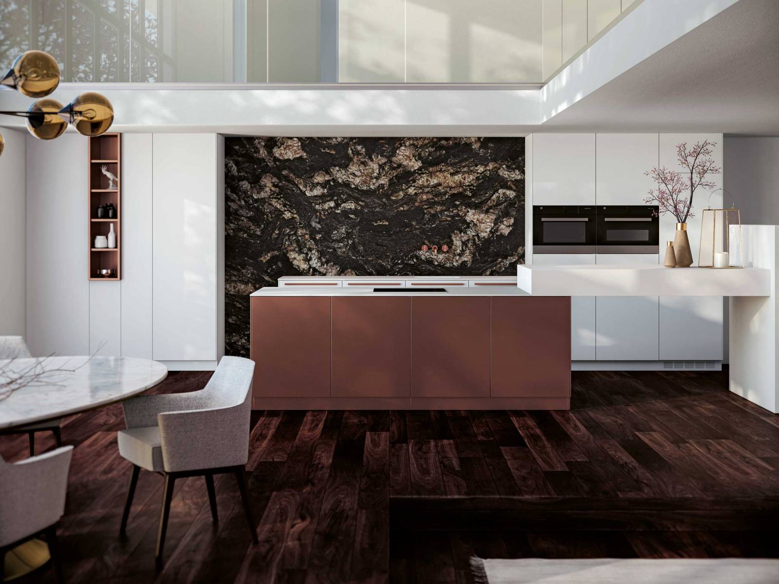 Die Stahlküchen des Unternehmens werden zu 100% in der Schweiz produziert und überzeugen mit ihrem zeitlosen Design und dem unverwüstlichen Material ein Leben lang. Diese Küche hier spielt mit Kontrasten: Weisse Küchenelemente und die kupferne Kochinsel prägen die Gestaltung und schaffen eine moderne und wohnliche Atmosphäre. FORSTER.