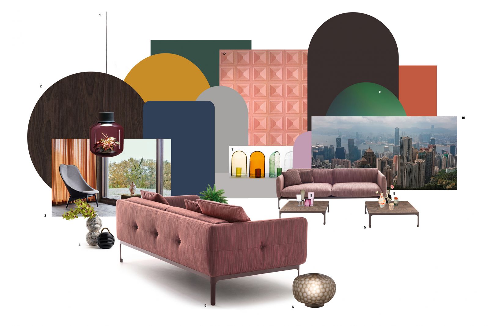 1 Pflanzenleuchte «Mygdal» Pvon Nui Studio. 2 «Xilo 2.0 Walnut» von Piero Lissoni für Alpi. 3 Sessel «Uchiwa» von Doshi Levien für HAY. 4 Vasen «Grasso» von Stephen Burks für BD Barcelona. 5 Sofa «Casa Modernista 1&2» von Nipa Doshi & Jonathan Levien für Moroso. 6 Tischleuchte «Erbse 1» von GUAXS. 7 Vase «2018 Wonder Glass Alcova», Foto: Claire Laabre. 8 Gläser «Aurora Collection» von Alba Gallizia für Ichendorf. 9 Vasen und Tassen «Jessica Hans» für HAY. 10 Foto «Hongkong» von Michaela Thai. 11 Spiegel von Studio Roso für Republic of Fritz Hansen. 12 Tapete «Marquetry» von Thomas Eurlings für NLXL.