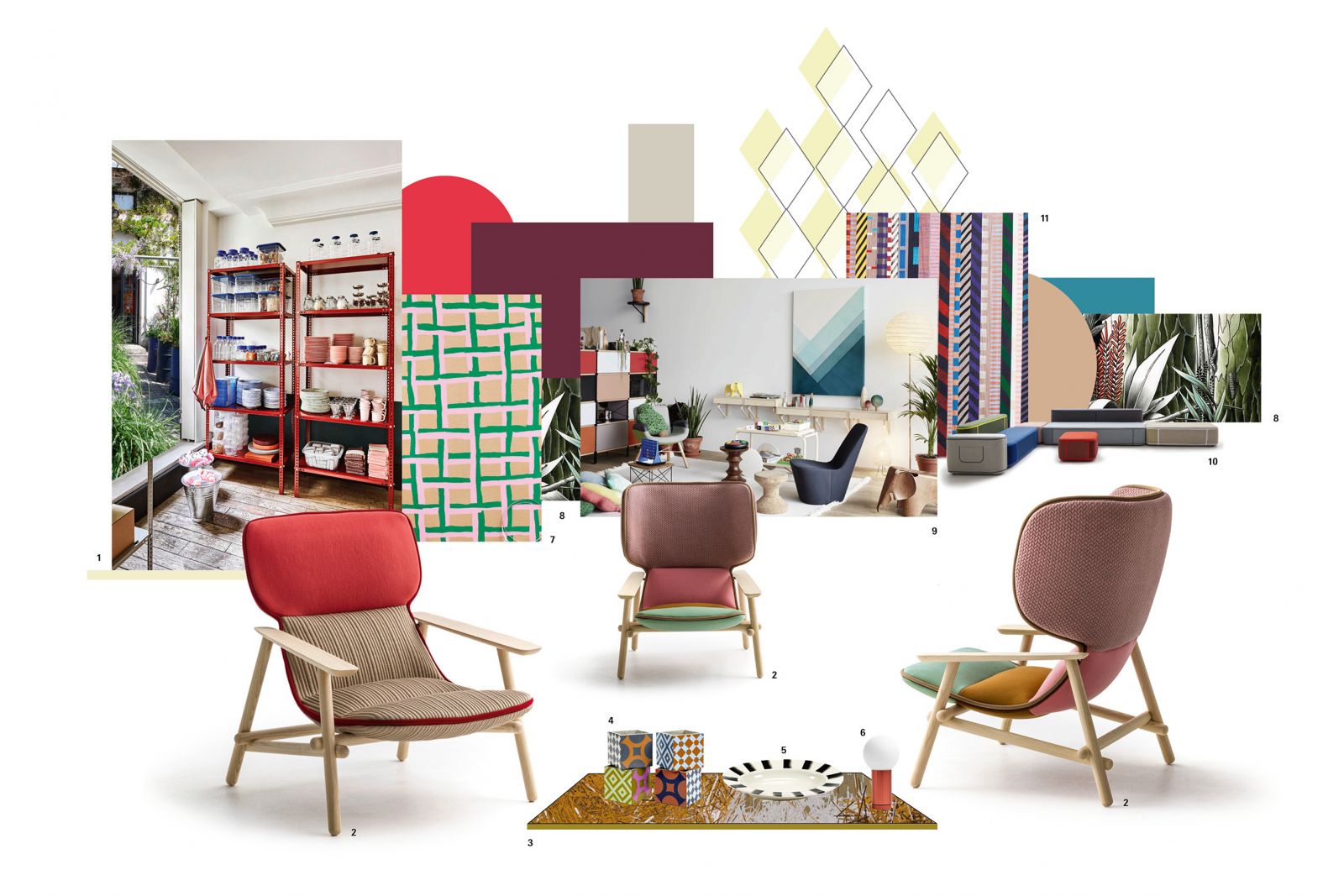 1 Küchenregal «Launch» von Picasso für HAY. 2 Sessel «Lilo» von Patricia Urquiola für Moroso. 3 envisions in collaboration mit Finsa, Wood in Progrss, Aukje Fleur Jansen, Foto: Lody Aeckerlin. 4 Boxen «Marie» von Marie Michielssen für Serax. 5 Teller «Pasta Pasta» von Paola Navone für Serax. 6 Tischleuchte «Turn on» von Joel Hoff für HAY. 7 envisions in collaboration mit Finsa, Wood in Progress, Aukje Fleur Janssen. Foto: Roland Smits. 8 «L'ascolto» von Gabriella Giannelli für Tapestry/Moroso. 9 «Happy Places» von Raw Edges © Vitra, Foto: Lorenz Cugini. 10 Sofa «Tape» von Benjamin Hubert für Moroso. 11 envisions in Collaboration mit Finsa, Wood in Progress, Ross Gomperts & Elvis Wesley, Foto: Ronald Smits.