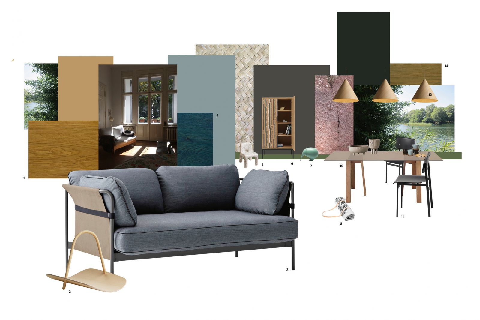 1 Yellow Ocher Italien linseed oil / Dinesen Oak. 2 Korb von Benjamin Hubert für Republik of Fritz Hansen. 3 Sofa «CAN» von Ronan & Erwan Bouroullec für HAY. 4 Paris Blue Bright linseed oil / Dinesen Oak. 5 Sessel «Charlie» von ecoBirdy. 6 Schrank «Funquetry» von Nada Debs. 7 Container «Kiwi» von ecoBirdy. 8 Decke «Carrier» von Teemu Järvi Illustrations. 9 Schale «Small + Medium» von Kristina Dam Studio. 10 Tisch «DC08» BASIS / David Chipperfield / e15. 11 Stuhl «Loft» von Thomas Bentzen für Muuto. 12 Keramik «Häganas» von Front für Rörstrand. 13 Lecuhte «DEGREES» von Hengel für HAY. 14 Verona Green linseed oil / Dinesen Oak.