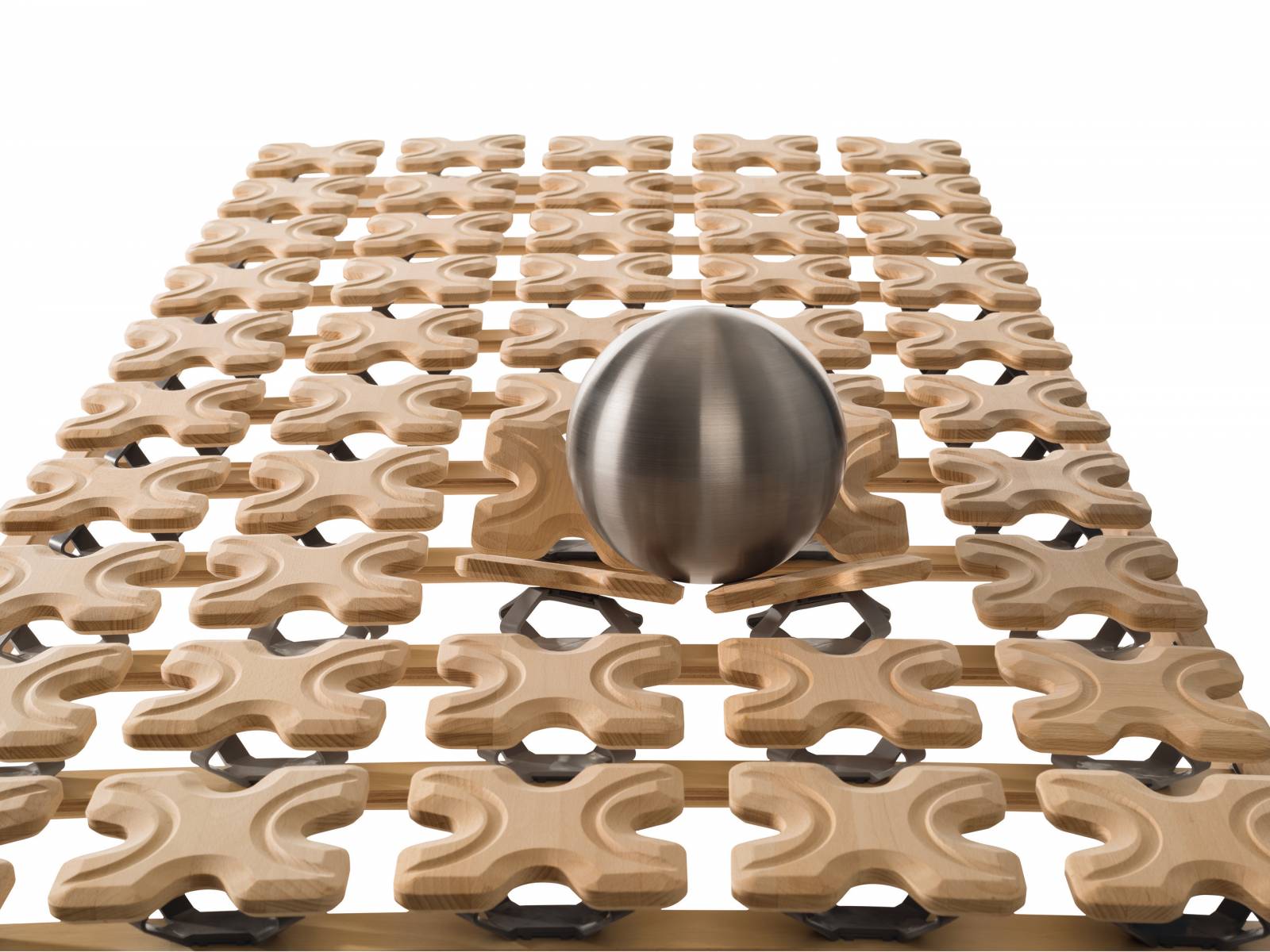 Wie alles aus dieser Manufaktur sind auch bei «Classic flex» die Materialien komplett metallfrei. Der Tellerrahmen unterstützt den Körper punktuell und passt sich der Kontur des Schläfers an, dank 50 freibeweglichen und dreidimensional gelagerten Tellern aus massivem, unbehandeltem Holz. Team7.