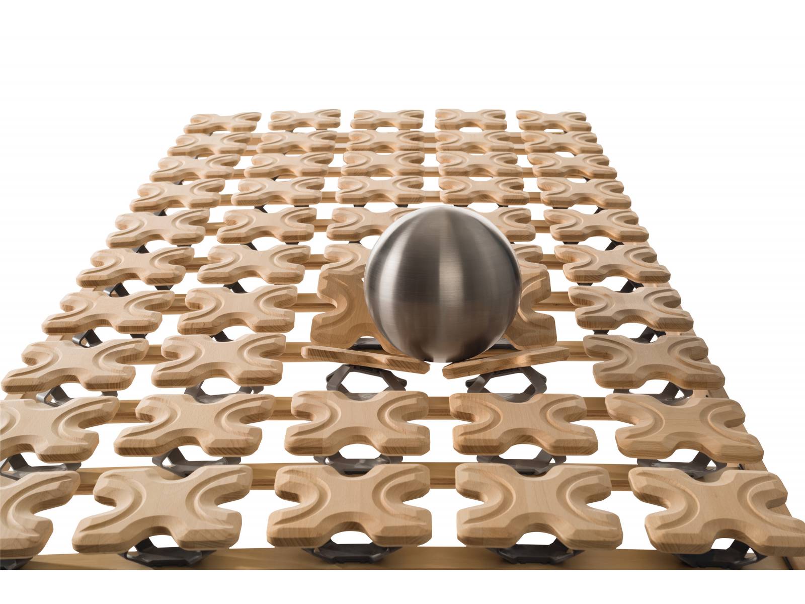 Wie alles aus dieser Manufaktur sind auch bei «Classic flex» die Materialien komplett metallfrei. Der Tellerrahmen unterstützt den Körper punktuell und passt sich der Kontur des Schläfers an, dank 50 freibeweglichen und dreidimensional gelagerten Tellern aus massivem, unbehandeltem Holz. Team7.