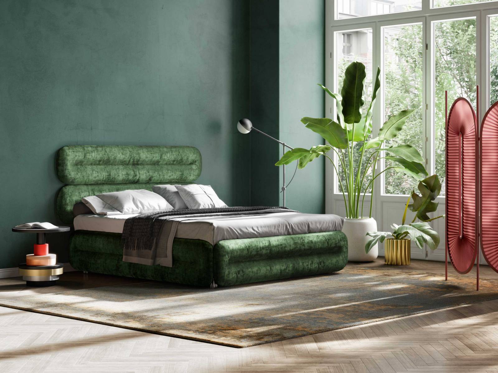 Klotzen, nicht kleckern: Alles andere als minimalistisch präsentiert sich «Eclair» von Designerin Dagmar Marsetz. Das Gestaltungsprinzip des üppigen Bettes basiert auf der Form von Rundbögen, die sich in unterschiedlichen Längen, Farben und Zusammenstellungen arrangieren lassen und so jedem Schlafraum eine dekorative und emotionale Note im Stil des Art déco verleihen. Bretz.