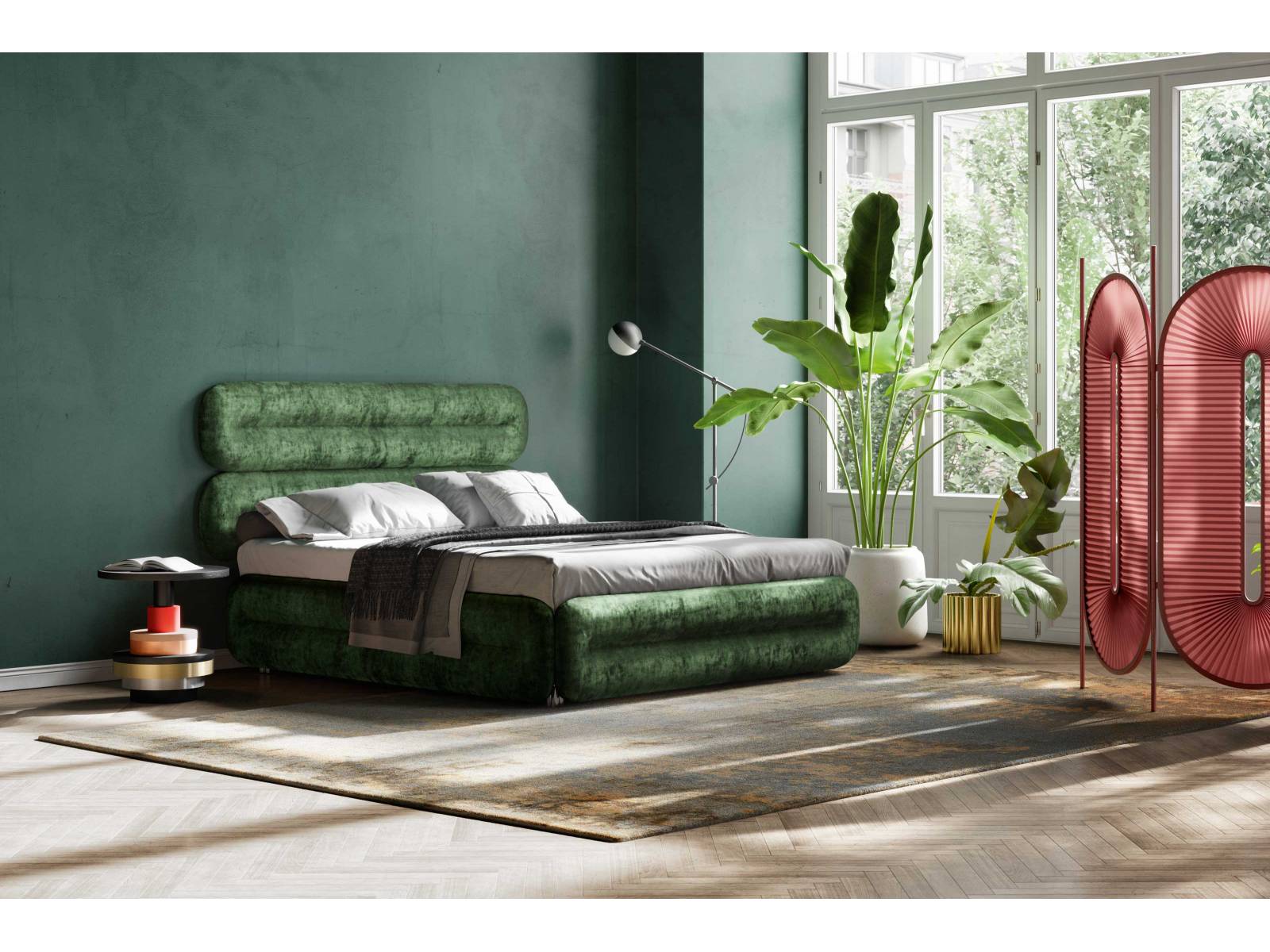 Klotzen, nicht kleckern: Alles andere als minimalistisch präsentiert sich «Eclair» von Designerin Dagmar Marsetz. Das Gestaltungsprinzip des üppigen Bettes basiert auf der Form von Rundbögen, die sich in unterschiedlichen Längen, Farben und Zusammenstellungen arrangieren lassen und so jedem Schlafraum eine dekorative und emotionale Note im Stil des Art déco verleihen. Bretz.