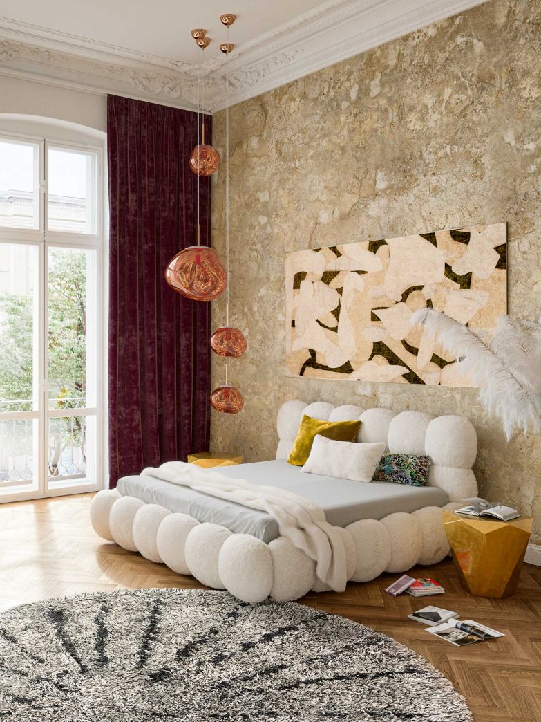 «Balaao» ist ein Bett, das an die Leichtigkeit von Ballons erinnert. Mit seinen sanften, bauchigen Formen und dem edlen Langhaar-Mohairbezug lädt es zum Träumen ein. Jedes Stück ist ein handgefertigtes Unikat. bretz.de