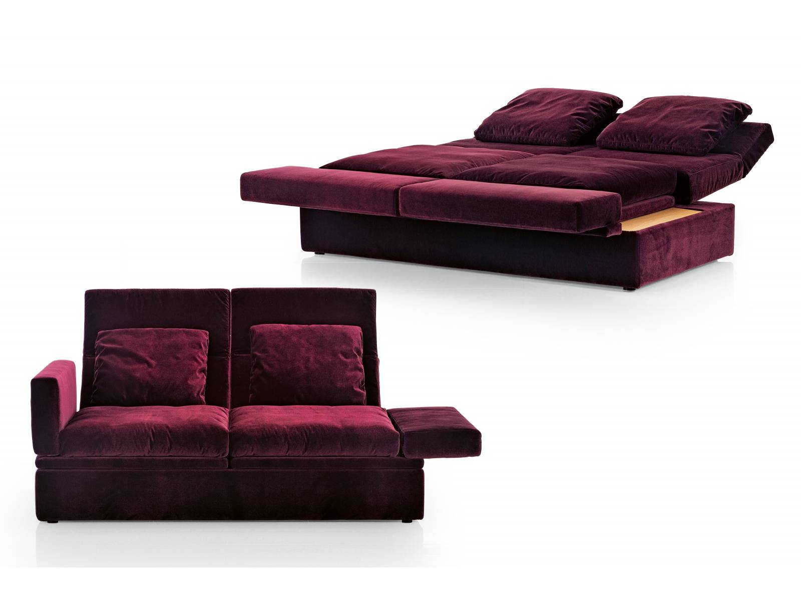 Nomen est omen – «Fold out» heisst das neue Programm aus der Feder von Roland Meyer-Brühl. Und genauso sind die  Armlehnen vorschwenkbar, die Rückenlehnen verstellbar, so dass aus einem Sofa im Nu eine Liegefläche entsteht. Brühl.