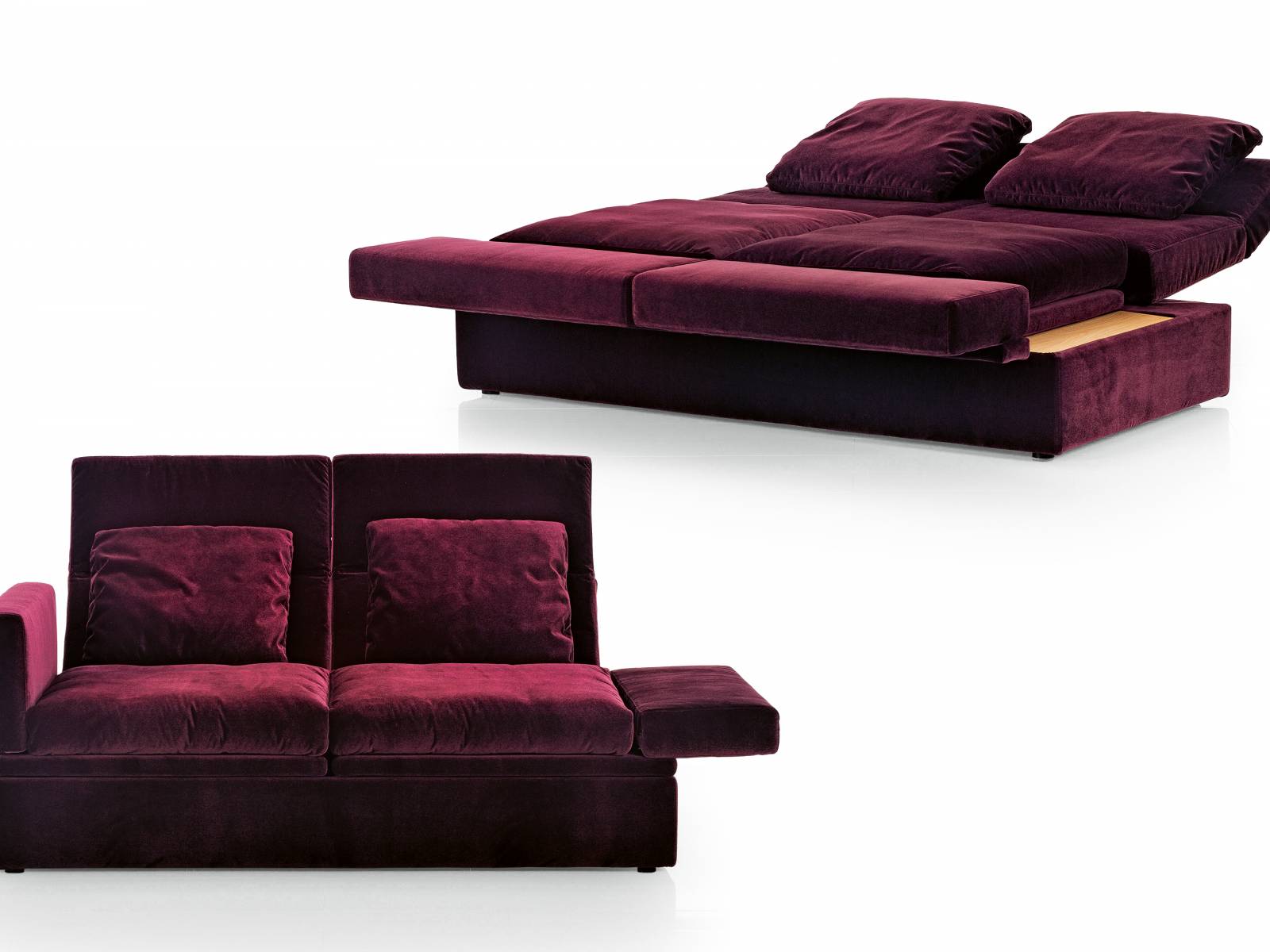 Nomen est omen – «Fold out» heisst das neue Programm aus der Feder von Roland Meyer-Brühl. Und genauso sind die  Armlehnen vorschwenkbar, die Rückenlehnen verstellbar, so dass aus einem Sofa im Nu eine Liegefläche entsteht. Brühl.