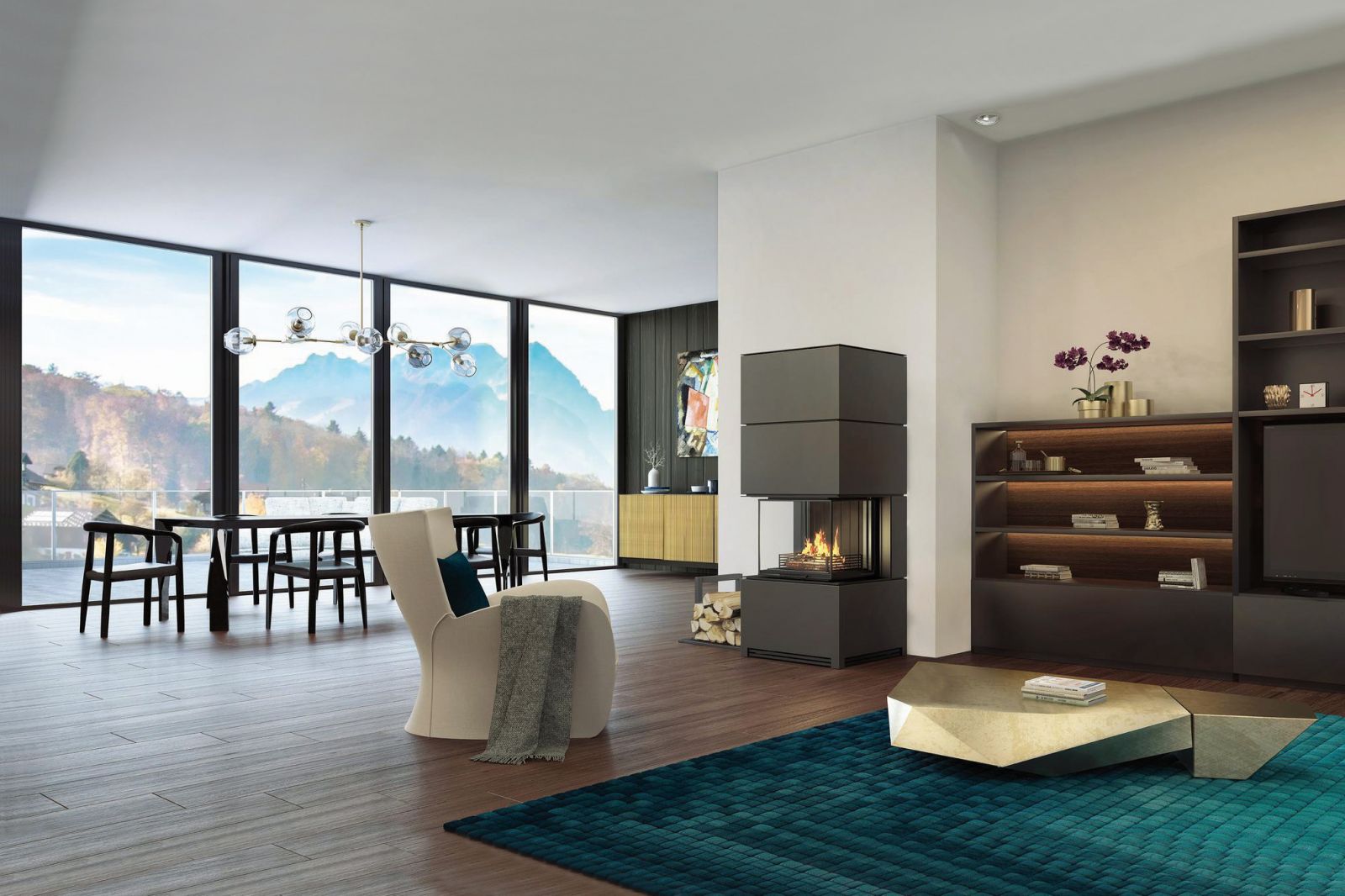«Tilia» vereint die Vorteile eines Kaminofens mit den optischen und technischen Vorzügen des klassischen Cheminées. Die dreiseitige Verglasung erlaubt den Blick auf das Flammenspiel aus verschiedenen Richtungen. Rüegg.