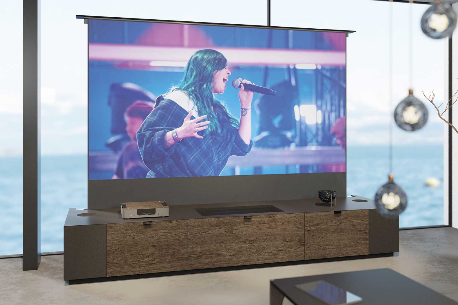 Sichtbar unsichtbar: Fernsehen ohne Fernseher? Das geht! Denn das neue Cinemamöbel von Swiss HD birgt ein komplettes Heimkino in sich: Im Lowboard sind eine ausfahrbare 100-120 Zoll grosse Leinwand, ein Kurzdistanz-Projektor, ein erstklassiges Soundsystem sowie die ganze Elektronik eingebaut. Swiss HD-Möbel werden in hochwertiger Schreinereiarbeit nach Kundenwunsch gefertigt. KLANGFORMAT.