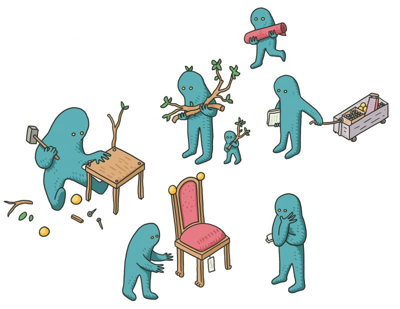 Illustration aus dem Kapitel «FurNEARture», indem es um den Trend zu lokal produzierten Möbeln aus regionalen Materialien geht.