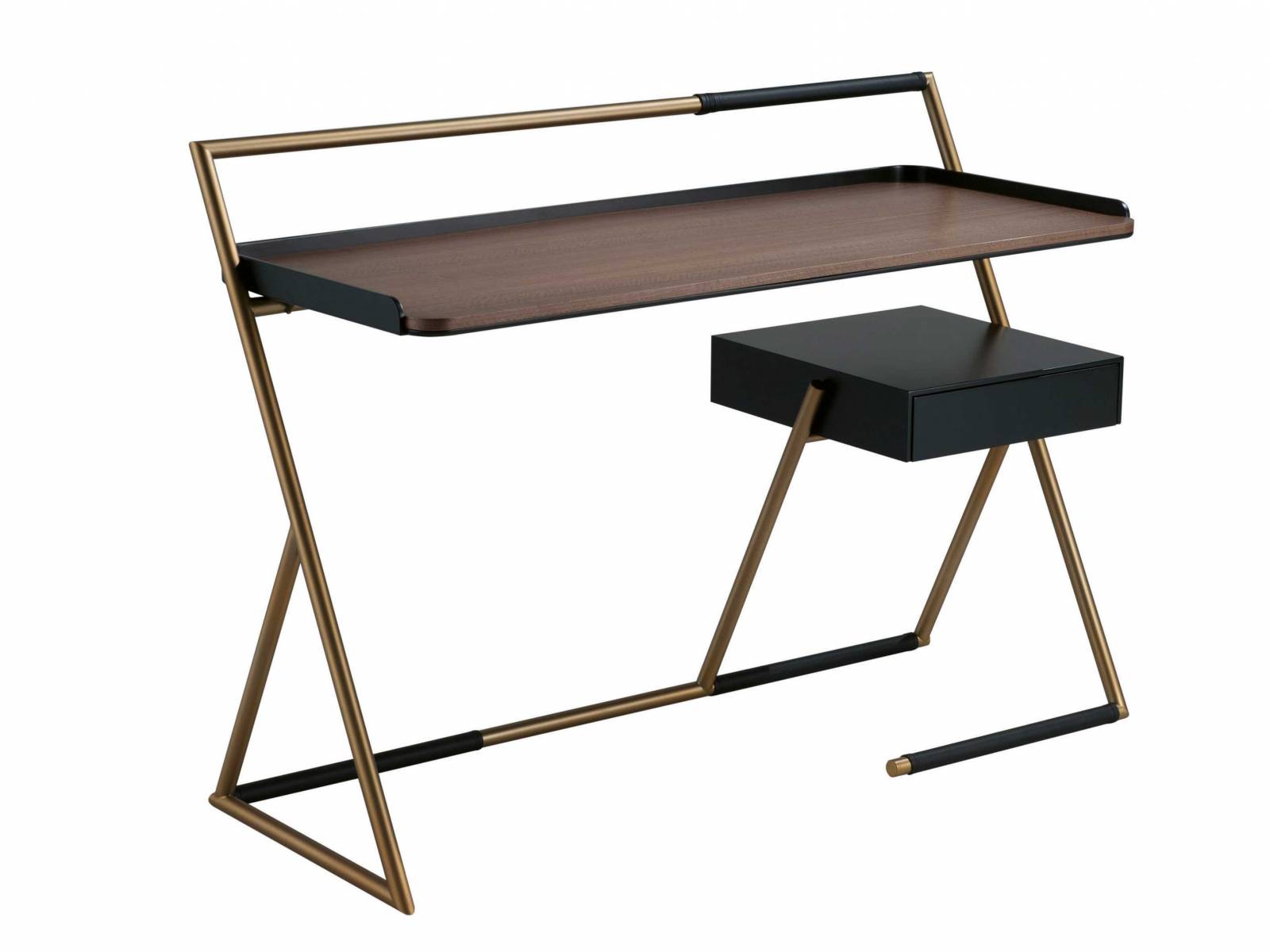 Als formschöner Eyecatcher im Raum präsentiert sich «Stylo» aus der Feder Ivan Vasylchenkos. Das Stahlgestell in Bronze lackiert und die braun gebeizte rekonstruierte Furnier-Tischplatte verleihen dem Schreibtisch ein elegantes und leichtes Aussehen, das von dem scheinbar schwebenden Schubladenkorpus noch verstärkt wird. ROCHE-BOBOIS.