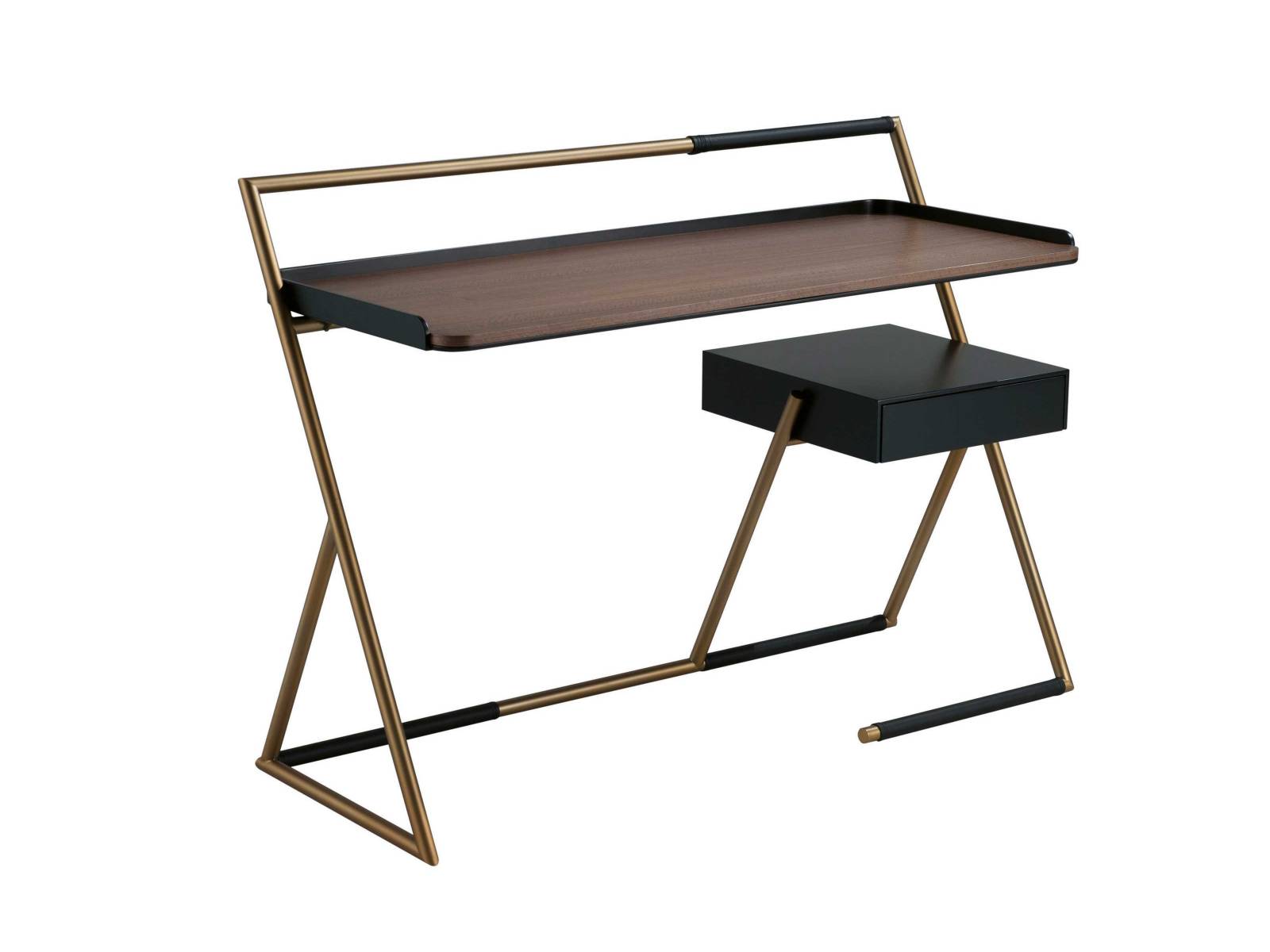 Als formschöner Eyecatcher im Raum präsentiert sich «Stylo» aus der Feder Ivan Vasylchenkos. Das Stahlgestell in Bronze lackiert und die braun gebeizte rekonstruierte Furnier-Tischplatte verleihen dem Schreibtisch ein elegantes und leichtes Aussehen, das von dem scheinbar schwebenden Schubladenkorpus noch verstärkt wird. ROCHE-BOBOIS.