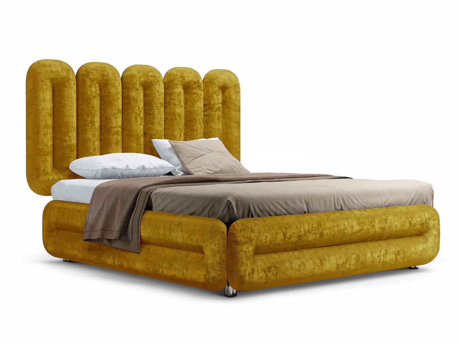 «Eclaire» ist ein üppiges Bett, das nicht nur namentlich an das längliche, französische Gebäck erinnert – es sorgt auch garantiert für süsse Träume. Dabei besteht es aus einzelnen Paneelen, die beliebig angeordnet werden können und aufgrund ihrer gebogenen Form an die typischen Rundbögen von Arkaden erinnern. Design: Dagmar Marsetz. Bretz.