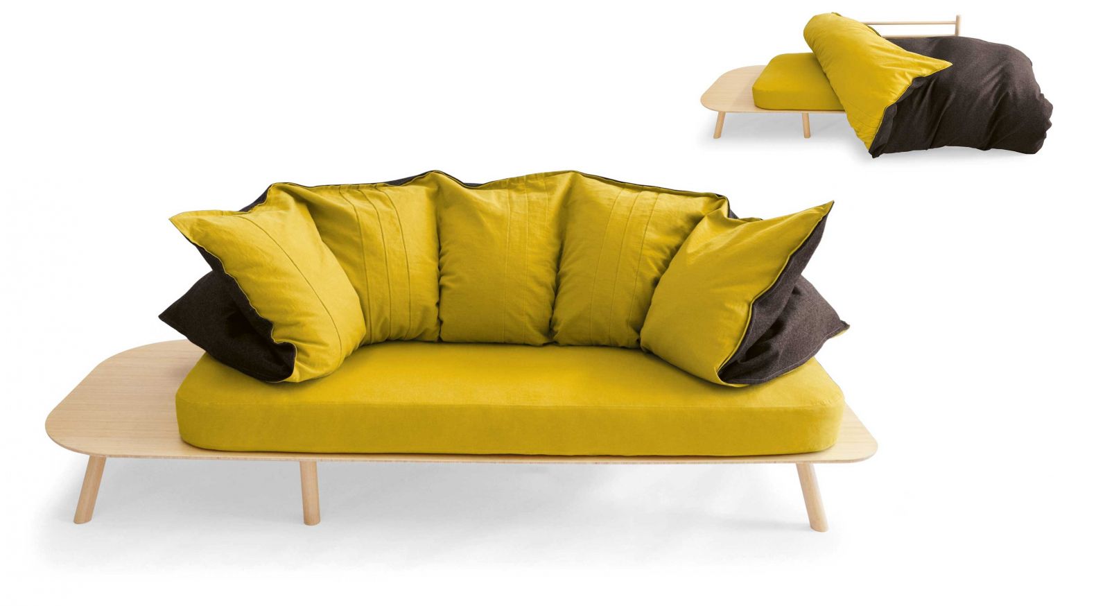 3_100 % natürlich arbeitet der Hersteller nach eigenen Angaben. Dabei verzichtet er für seine Sofas auf einen Polyurethan-Block und füllt sie lieber in Schichten, die einzeln repariert und bei Bedarf ersetzt werden können. Auch alle anderen Materialien wie Leder, Federn, Wolle, Latex oder Jute sind zertifiziert und werden umweltschonend hergestellt. Das Sofa «Disfatto» besitzt ein Gestell aus schnell wachsendem Bambus und ist ökologisch und zugleich praktisch, kann es doch schnell zu einem Gästebett umfunktioniert werden. Design: Dennis Guidone. BIOSOFA.