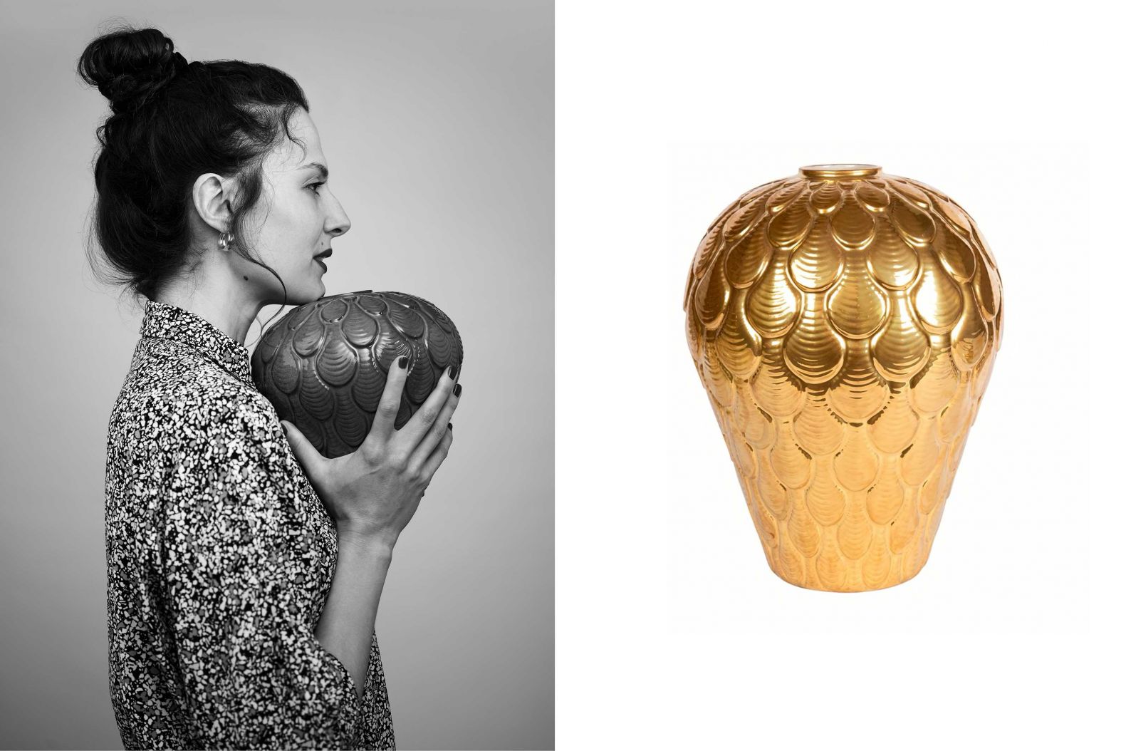 Elena Trevisan liess sich für die Vasenkollektion «Coquille» von Fundstücken am Meer inspirieren. So ziert die aus feinstem Porzellan gefertigten Stücke ein muschelähnliches Muster, das in der vergoldeten Ausführung besonders edel wirkt. Die Vase gibt es in zwei Grössen und zusätzlichen Farben. VILLARI.IT