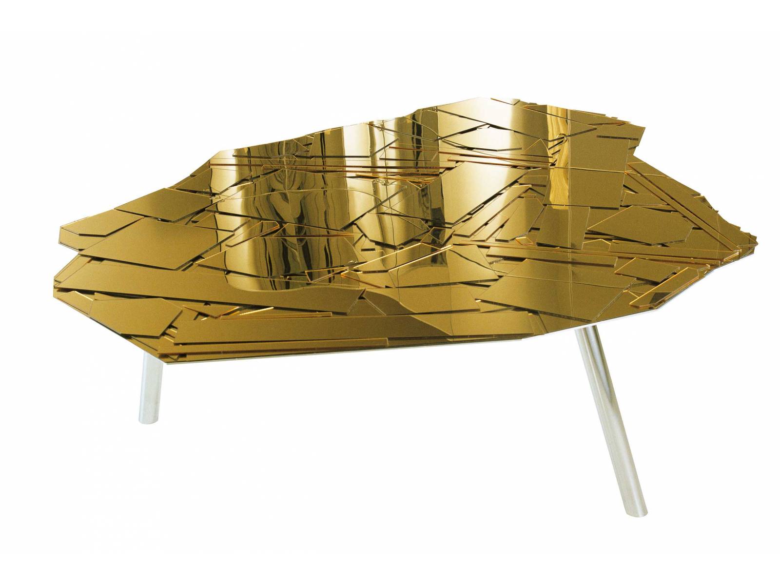 «Brasilia» ist das Ergebnis aufwendigster Handwerkskunst, welche die Brüder Fernando und Humberto Campana in Form eines Mosaiks eindrucksvoll zur Schau stellen. Für die Tischplatte aus verspiegeltem Methacrylat legten sie die einzelnen Splitter auf einer tragenden Aluminiumplatte so übereinander, dass eine unregelmässige, dreidimensionale Oberfläche entstand. Edra.