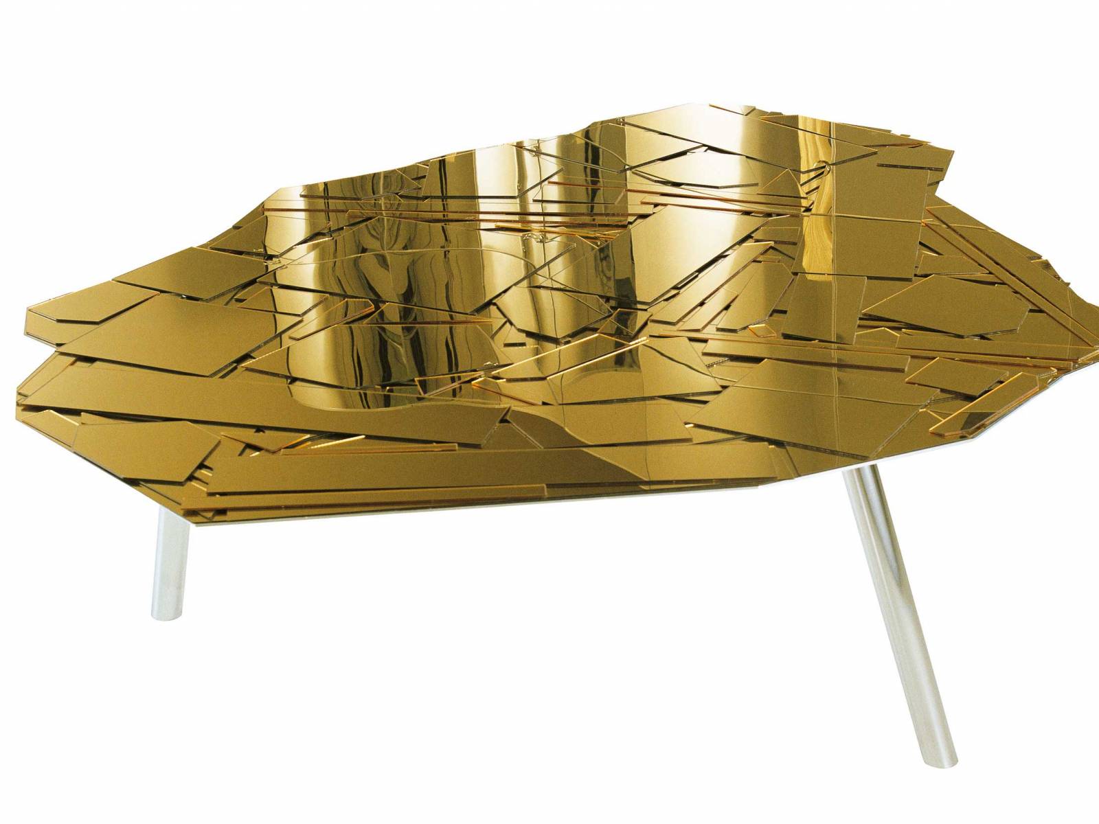 «Brasilia» ist das Ergebnis aufwendigster Handwerkskunst, welche die Brüder Fernando und Humberto Campana in Form eines Mosaiks eindrucksvoll zur Schau stellen. Für die Tischplatte aus verspiegeltem Methacrylat legten sie die einzelnen Splitter auf einer tragenden Aluminiumplatte so übereinander, dass eine unregelmässige, dreidimensionale Oberfläche entstand. Edra.