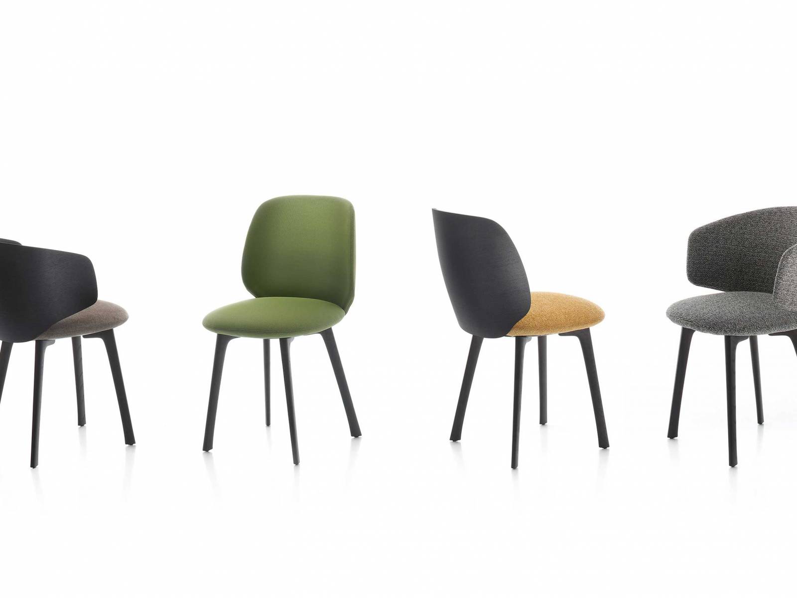 Die Stühle aus der neuen «Universal Collection» lassen sich vielfältig einsetzen – sowohl im Privat- als auch Objektbereich. Herzstück des Möbels ist der scheibenförmige Sitz, der so konzipiert ist, dass unterschiedliche Rückenlehnen und Untergestelle damit kombiniert werden können. Design: Jean-Marie Massaud. Foto: LCBstudio. MDF ITALIA.