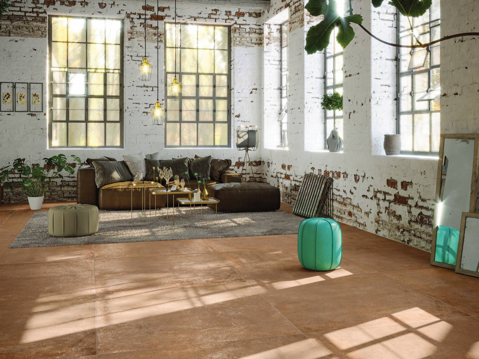 Die Keramikplatten der Studio 50-Kollektion von Serenissima weisen durch ihre Beschaffenheit eine metallisch anmutende Oberfläche auf und verleihen je nach Farbwahl den Räumlichkeiten einen Hauch Industriechic. Es gibt sie in sechs Farben und Formaten – im Bild in der Ausführung Terracotta. Sabag.