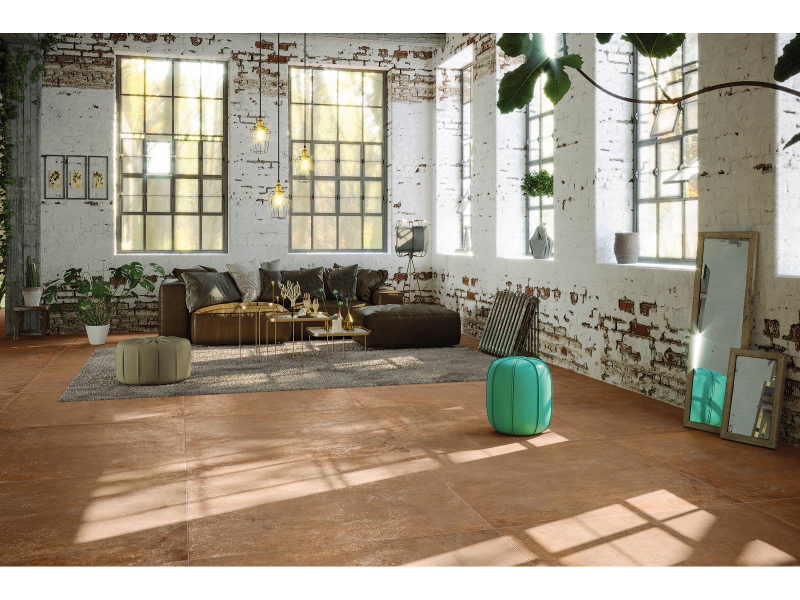 Die Keramikplatten der Studio 50-Kollektion von Serenissima weisen durch ihre Beschaffenheit eine metallisch anmutende Oberfläche auf und verleihen je nach Farbwahl den Räumlichkeiten einen Hauch Industriechic. Es gibt sie in sechs Farben und Formaten – im Bild in der Ausführung Terracotta. Sabag.