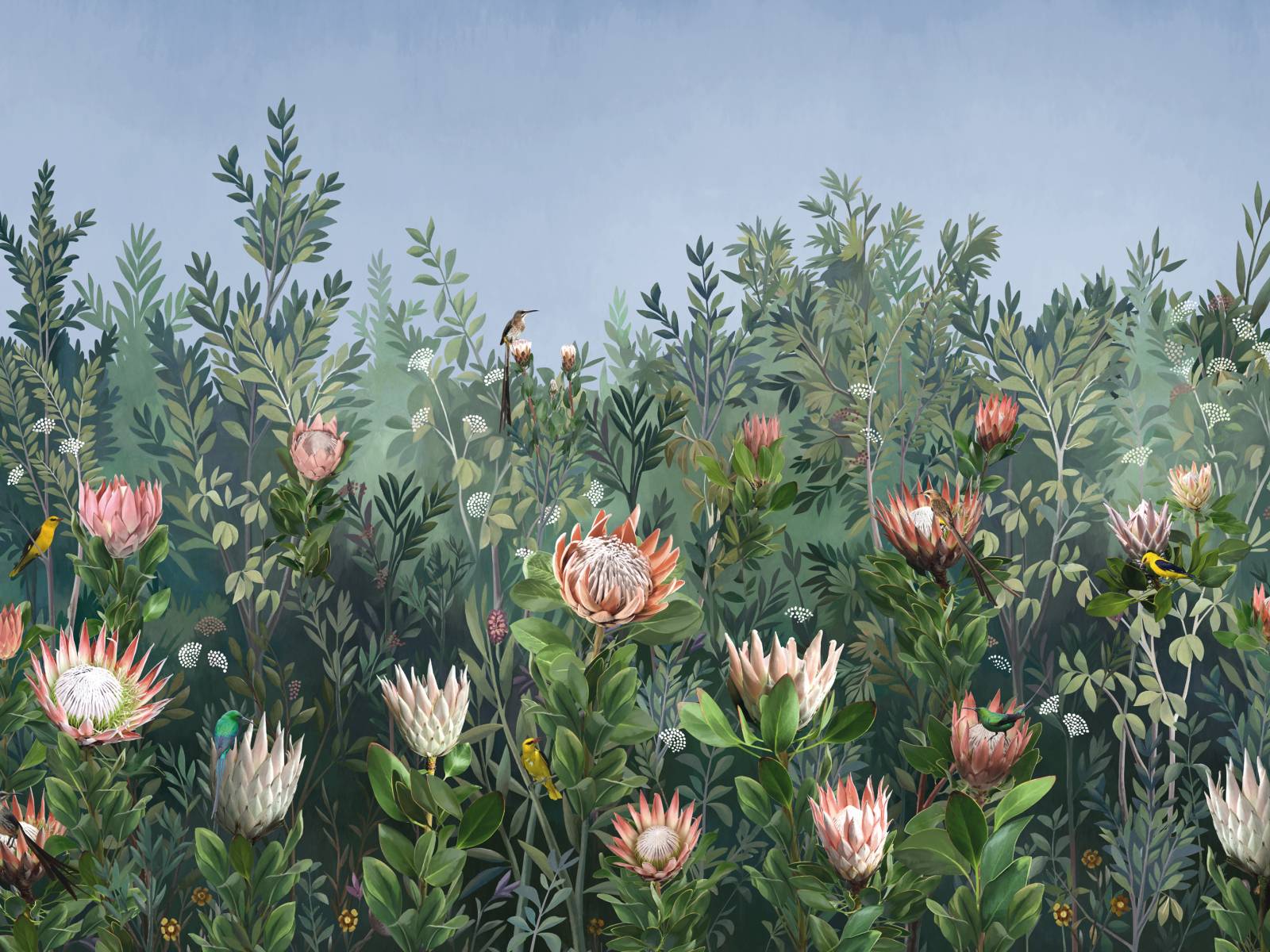 Ihre Kollektionen sind ein Feuerwerk an Farben, Motiven und Ideen, ihre Vision ist es, damit einzigartige Stimmungen in Räumlichkeiten zu bringen. Mit ihren Tapeten schafft die Designerin Rita Krasniqi Bildwelten, die den Betrachter immer wieder Neues entdecken lässt, wie zum Beispiel bei dieser mit dem Namen «King & Queen Protea». Moodesign.