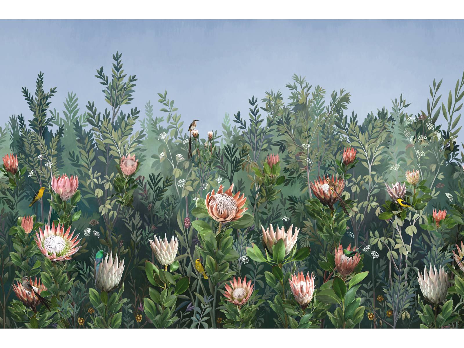 Ihre Kollektionen sind ein Feuerwerk an Farben, Motiven und Ideen, ihre Vision ist es, damit einzigartige Stimmungen in Räumlichkeiten zu bringen. Mit ihren Tapeten schafft die Designerin Rita Krasniqi Bildwelten, die den Betrachter immer wieder Neues entdecken lässt, wie zum Beispiel bei dieser mit dem Namen «King &amp; Queen Protea». Moodesign.