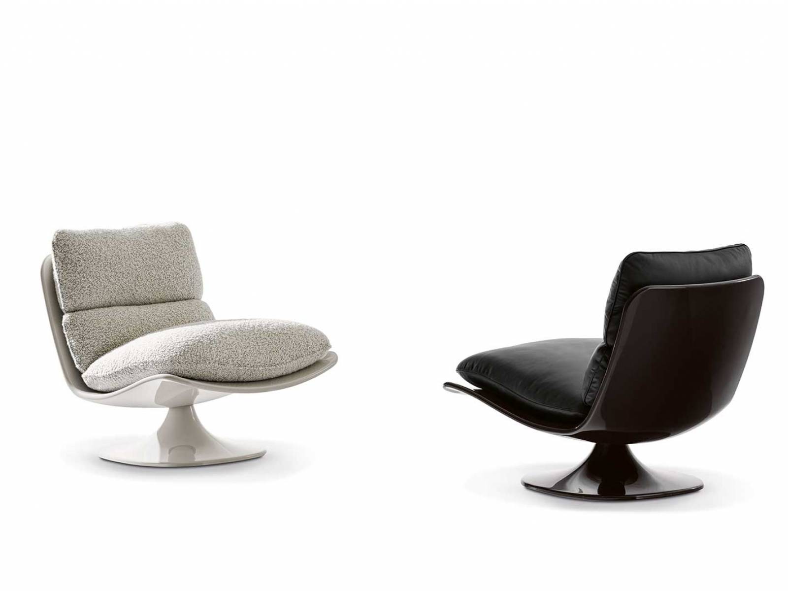 Giampiero Tagliaferri bringt mit «Pattie» ein Stück 70er-Jahre-Ästhetik in unsere Wohnräume. Auf einem drehbaren Gestell in Form einer Elipse balanciert die glanzlackierte Sitzschale des Sessels, als würde sie im Raum schweben. minotti.com