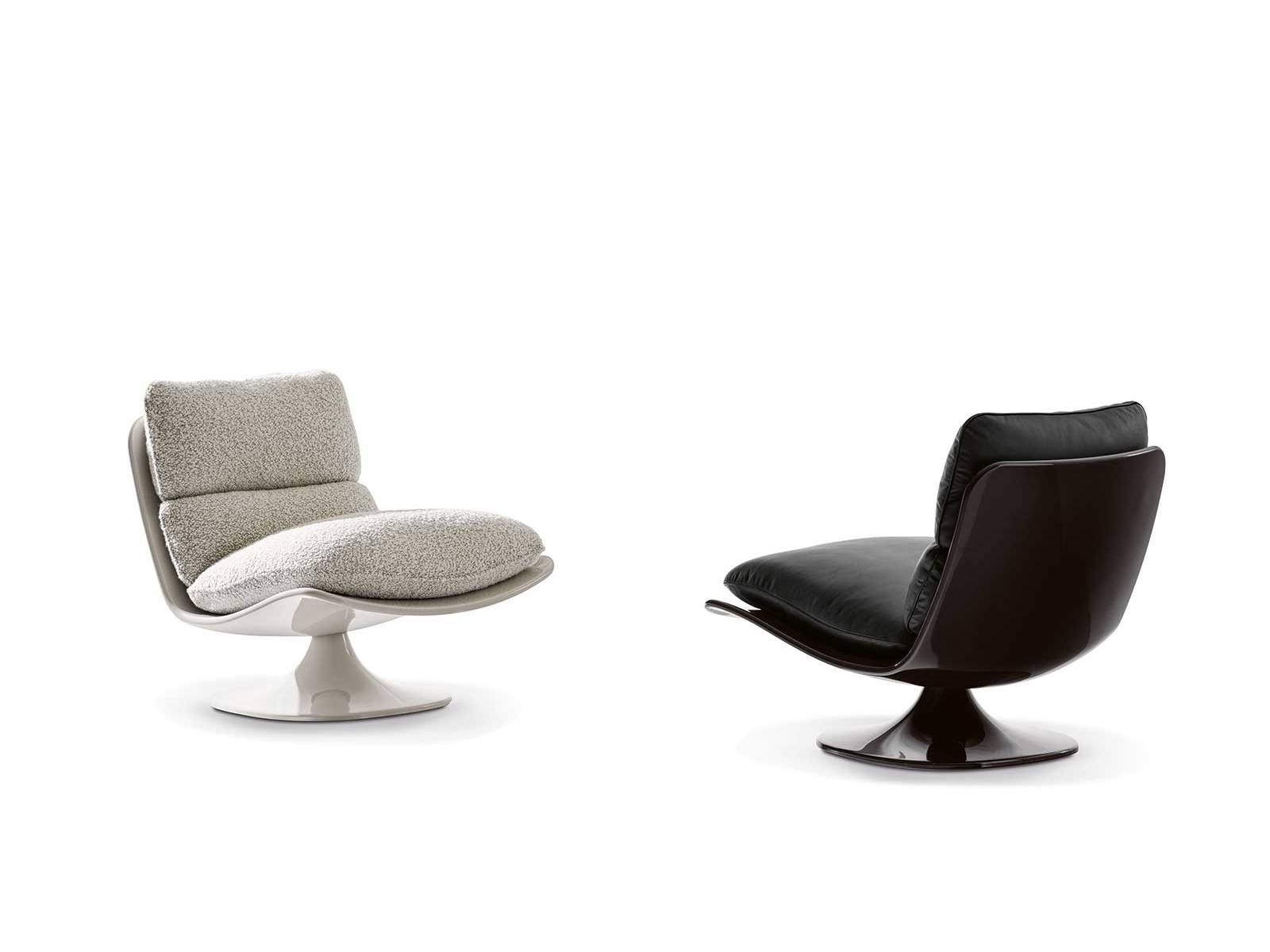 Giampiero Tagliaferri bringt mit «Pattie» ein Stück 70er-Jahre-Ästhetik in unsere Wohnräume. Auf einem drehbaren Gestell in Form einer Elipse balanciert die glanzlackierte Sitzschale des Sessels, als würde sie im Raum schweben. minotti.com